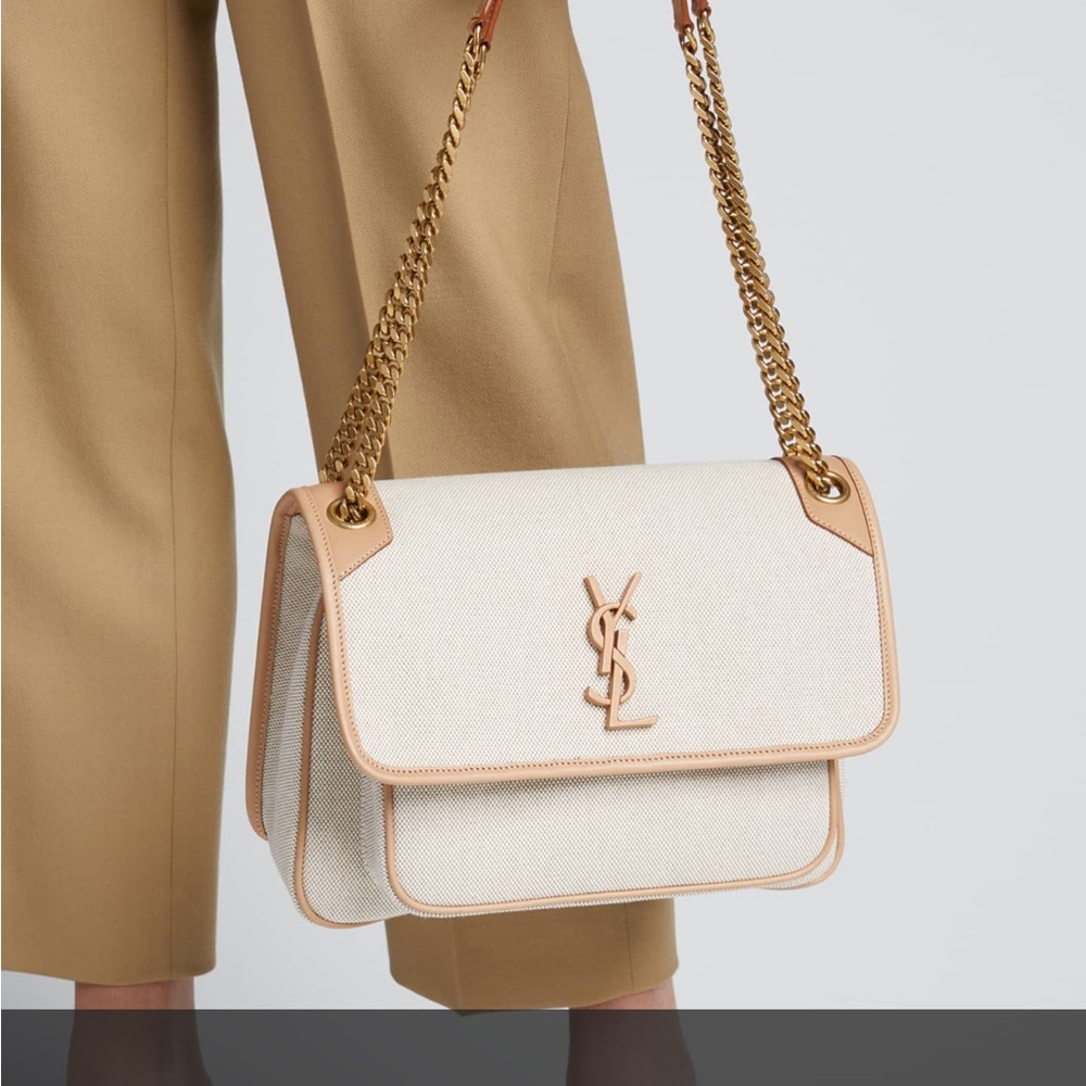 Yves Saint Laurent Cream and Tan Canvas Shoulder Bag with Gold Hardware